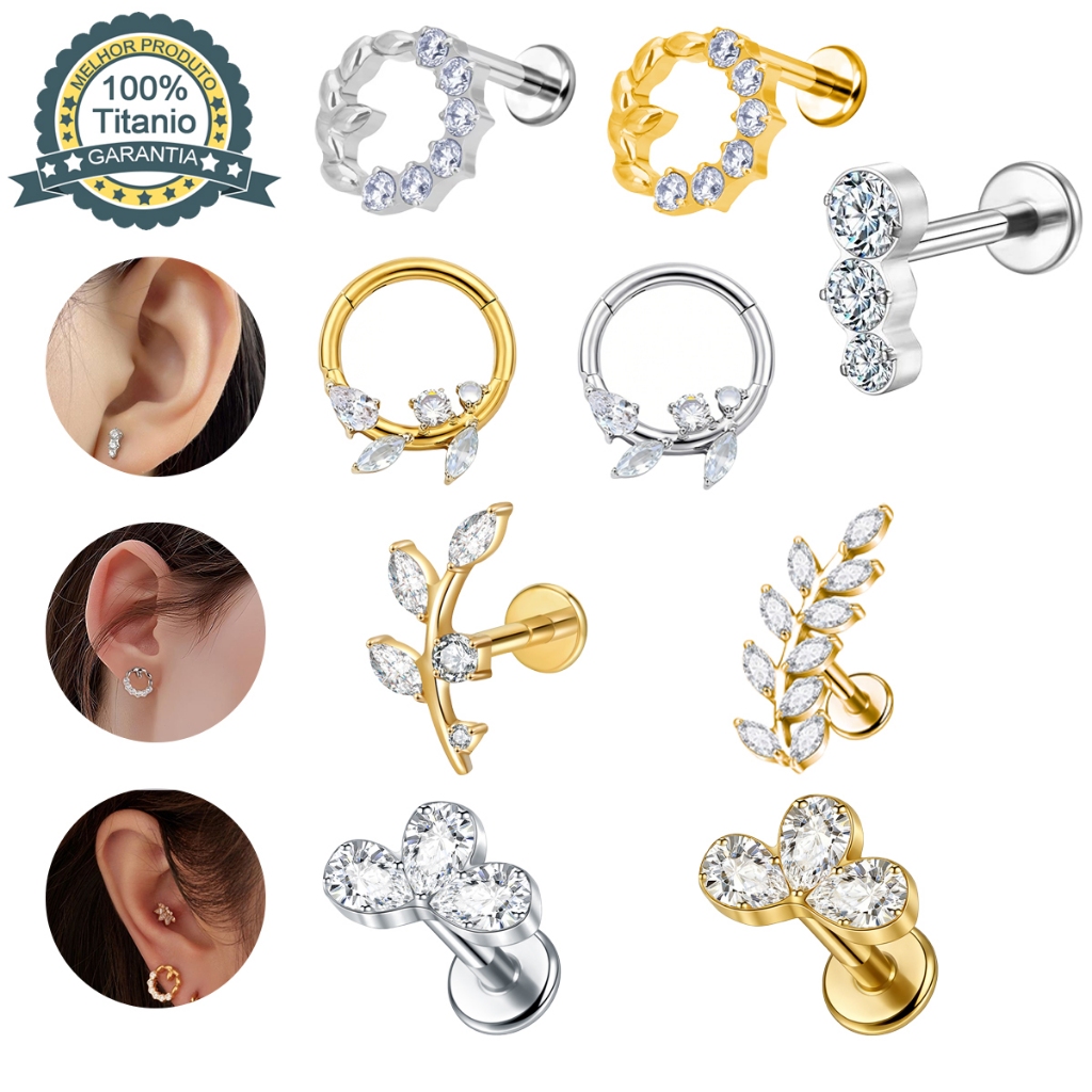 Piercing Labret Argola Folha Titânio com Zircônias Helix, Tragus, Conch, Nariz, Boca-Medusa e Outros em Oferta na Shopee