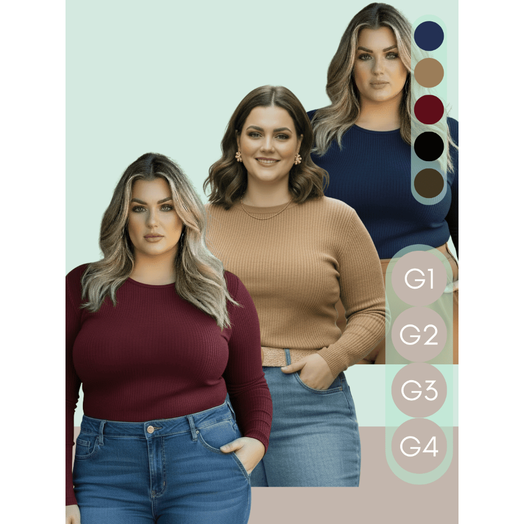 Kit 3 Blusa Canelada Feminina Manga Longa Segunda Pele Plus Size Básica Inverno Frio Inverno