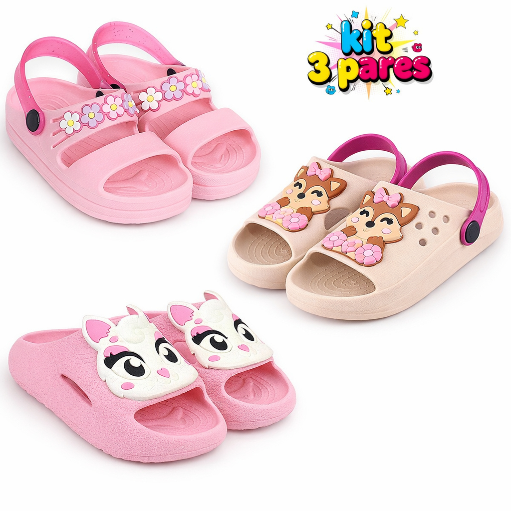 Kit 3 Pares Sandália Infantil Papete Chinelo Menina Confortável Anatômico