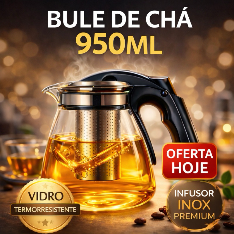 Bule de Chá 950ml Vidro com Infusor Inox Filtro Chá Café Chaleira Vidro Termoresistente