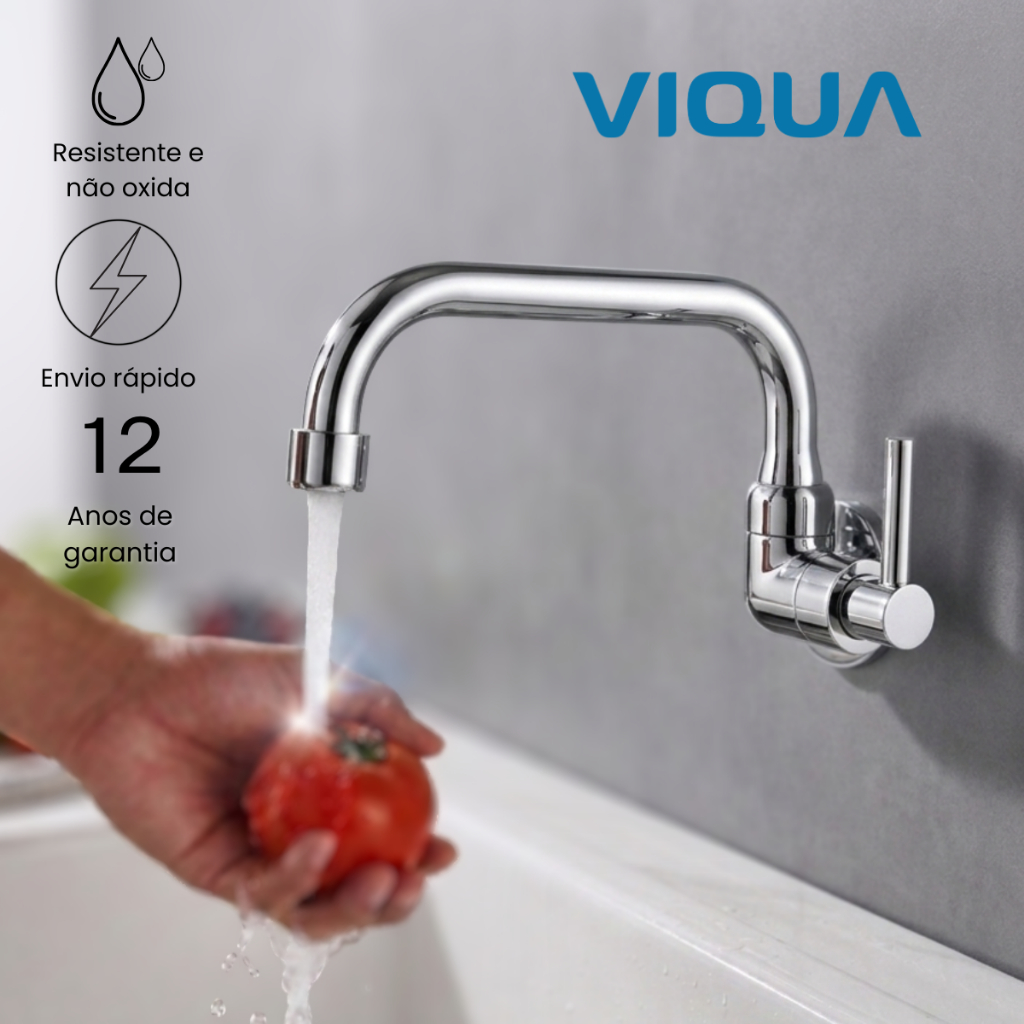 Torneira De Cozinha Parede Bica Movel Cromado Monocomando Arejador ABS Viqua 1/4 Volta
