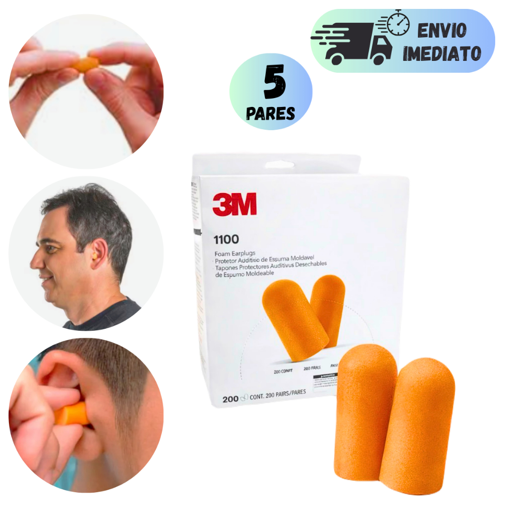Imagem KIT 5 PROTETOR AURICULAR 3M 1100 ABAFADOR DE RUÍDOS PARA OUVIDOS SEM CORDÃO PARA DORMIR COM CA EPI