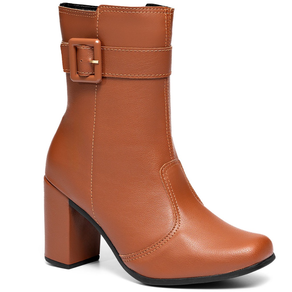 Bota Feminina Lumiss Confortável Cano Médio Bico Quadrado Salto Alto Bloco Fivel