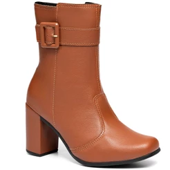 Bota Feminina Lumiss Confortável Cano Médio Bico Quadrado Salto Alto Bloco Fivela Blogueira Caramelo