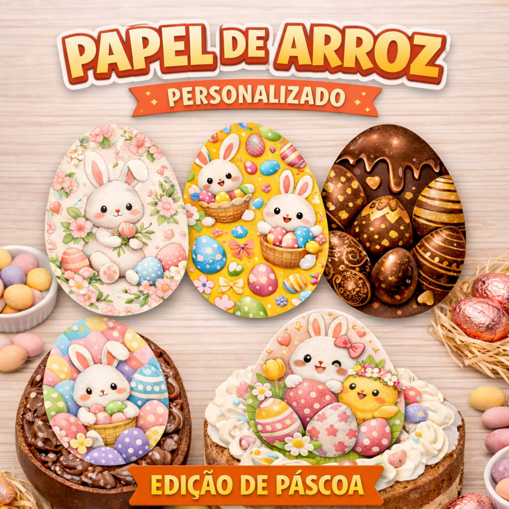 🐰 Papel de Arroz Páscoa Formato Ovo – Comestível para Bolos e Ovos de Páscoa