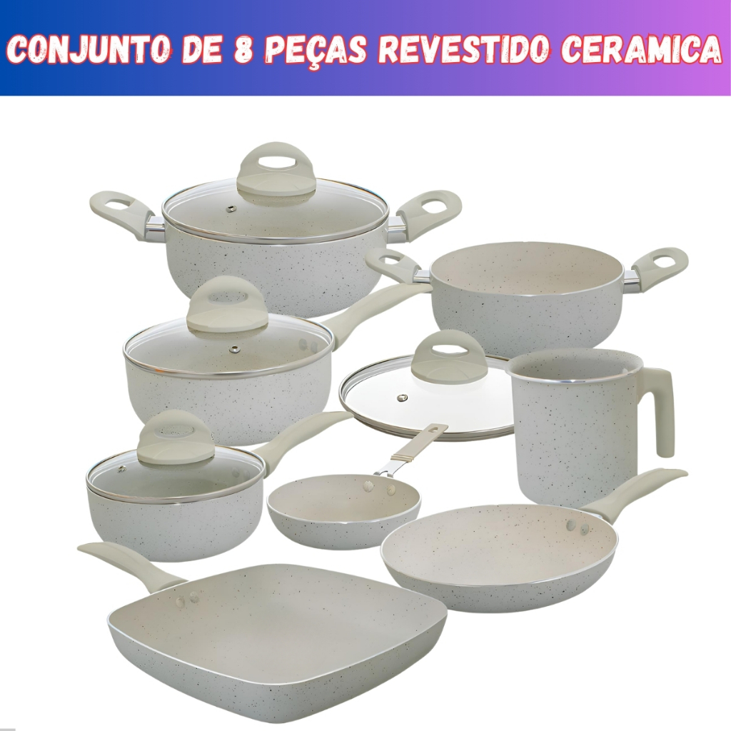 Imagem Jogo de Panelas 8 Peças Antiaderente Premium Revestimento Cerâmico Não Gruda Cozinha Completa