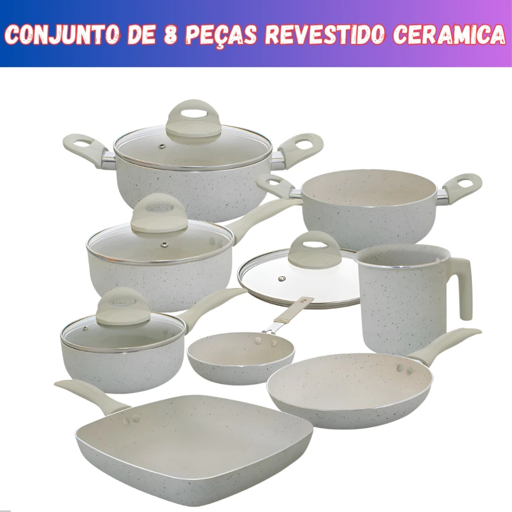 Jogo de Panelas 8 Peças Antiaderente Premium Revestimento Cerâmico Não Gruda Cozinha Completa