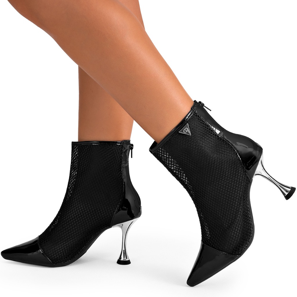 Bota Feminina Lumiss Tela Cano Curto Salto Alto Fino Metalizado Bico Fino Preto