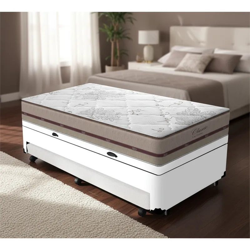 Cama Box Baú e Auxiliar Solteiro + Colchão de Molas Ensacadas D'Angelis Classic Solteiro 88cm