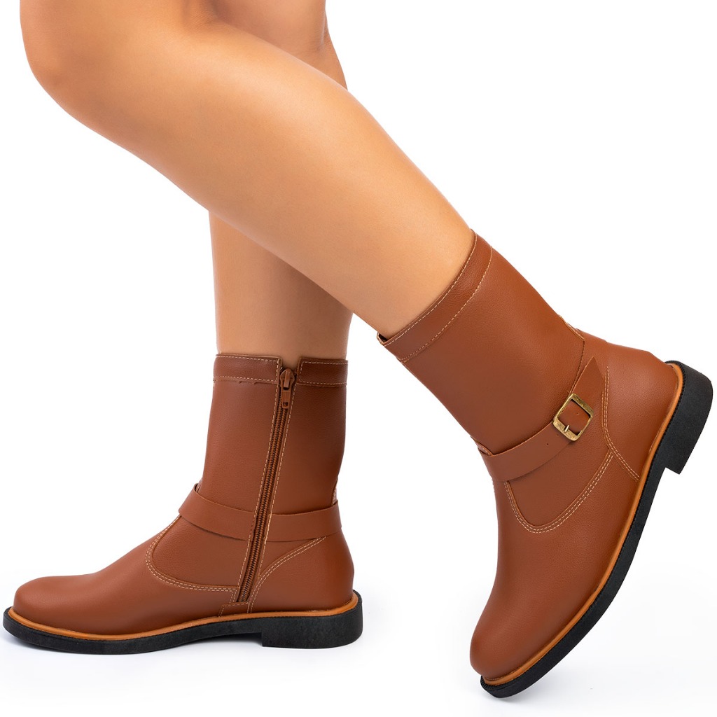 Bota Feminina Lumiss Montaria Cano Curto Salto Baixo Biker Marrom Caramelo