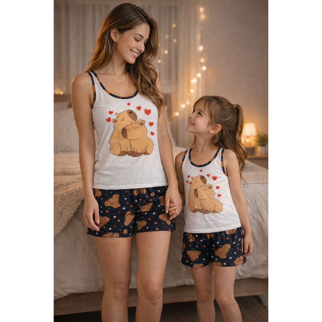 Kit pijama baby doll mãe e filha capivara camiseta short doll regata verão