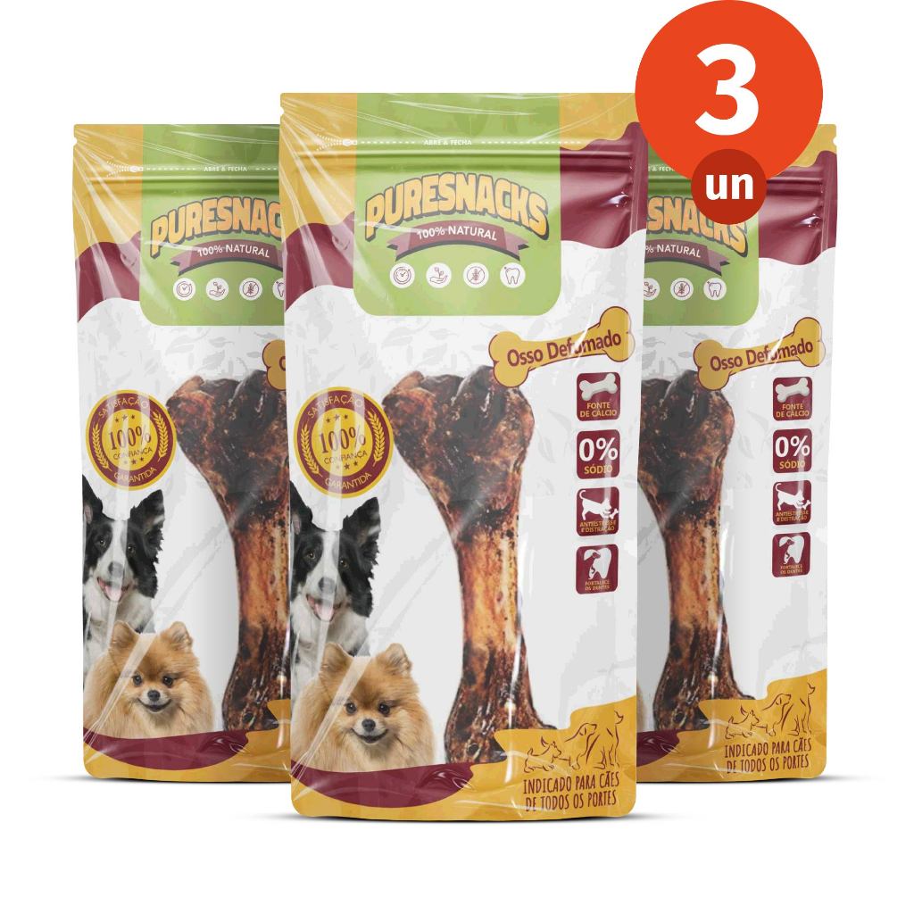 Kit Mordedor Petisco Osso Suíno Grande 100% Natural 3 Unidades para Cães PureSnacks 230g