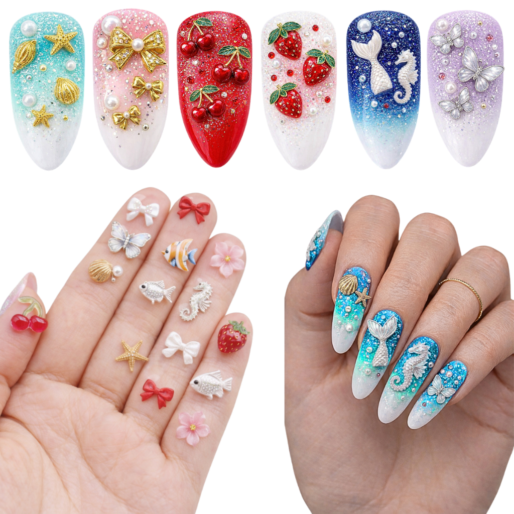 Kit Decoração Unha 3D Aplique Unha Gel Concha Pérola Cereja Laço Estrela Borboleta Nail Art Manicure