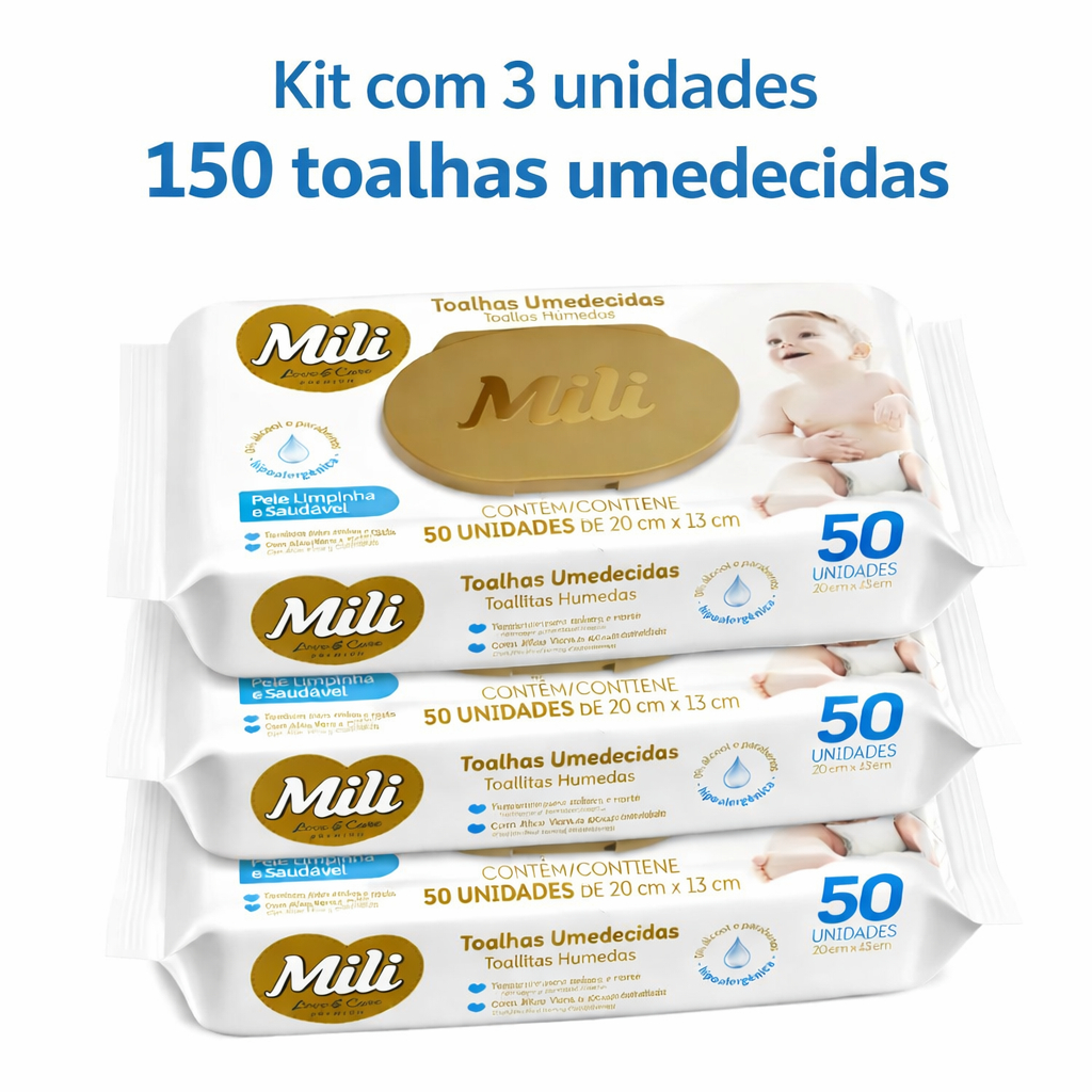 Kit 3 Lenços Umedecidos Mili 150 Unid Toalhas Umedecida Bebê