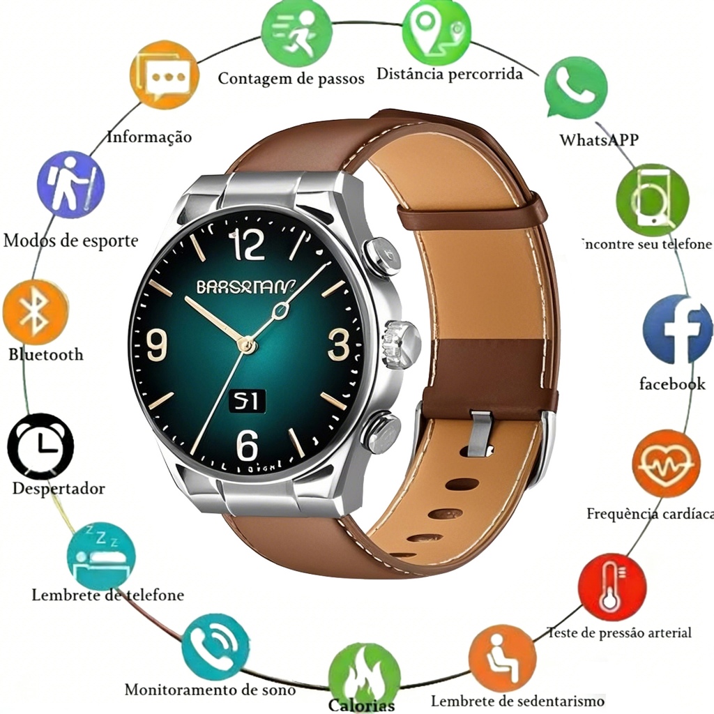 Relógio inteligente HEYPLUS GTR com pulseira substituível, chamadas por Bluetooth e monitoramento de saúde