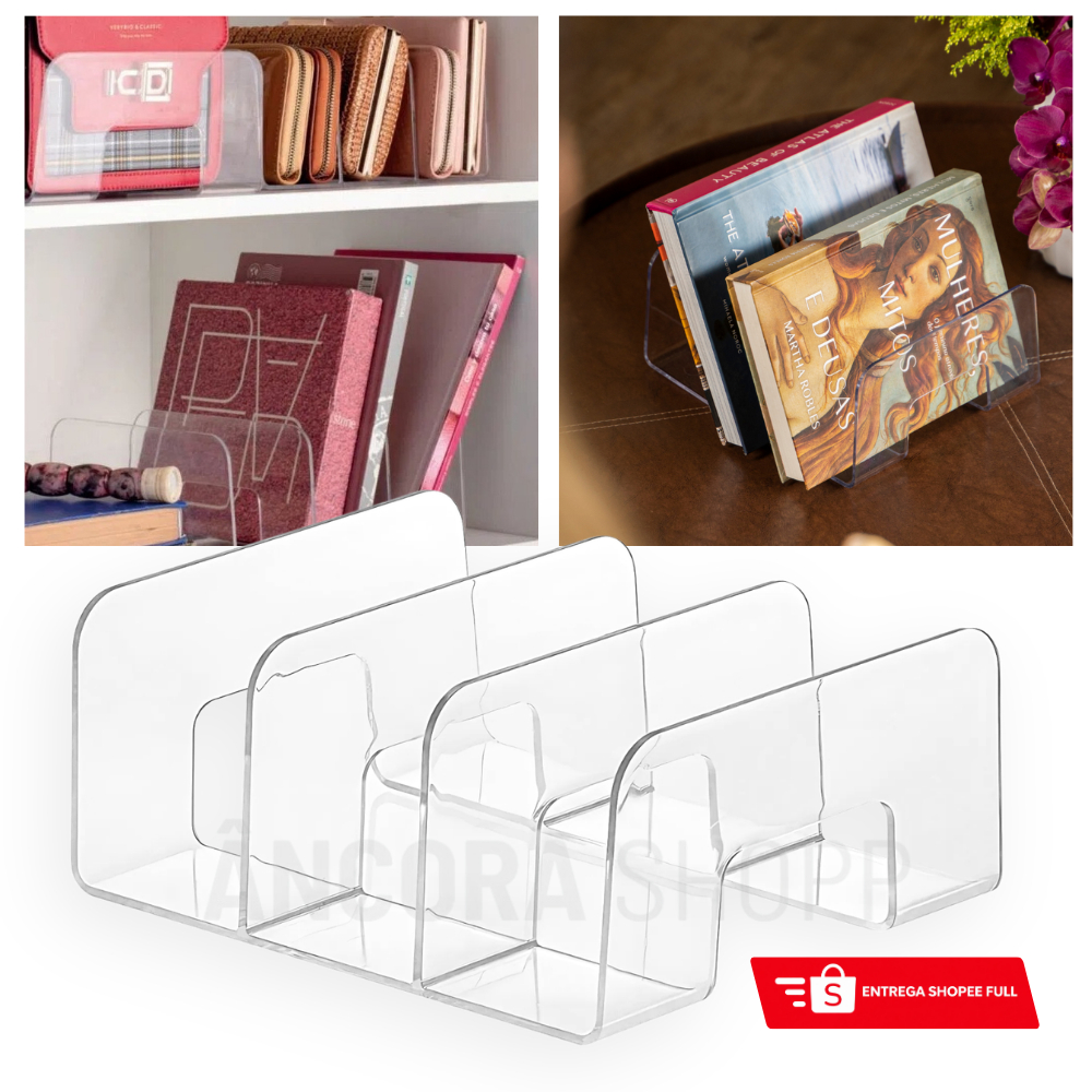 Organizador Multiuso Modular Para Livros Bolsas Guarda Roupa Acrílico com 3 Divisórias 24,5x20x10 em Oferta na Shopee