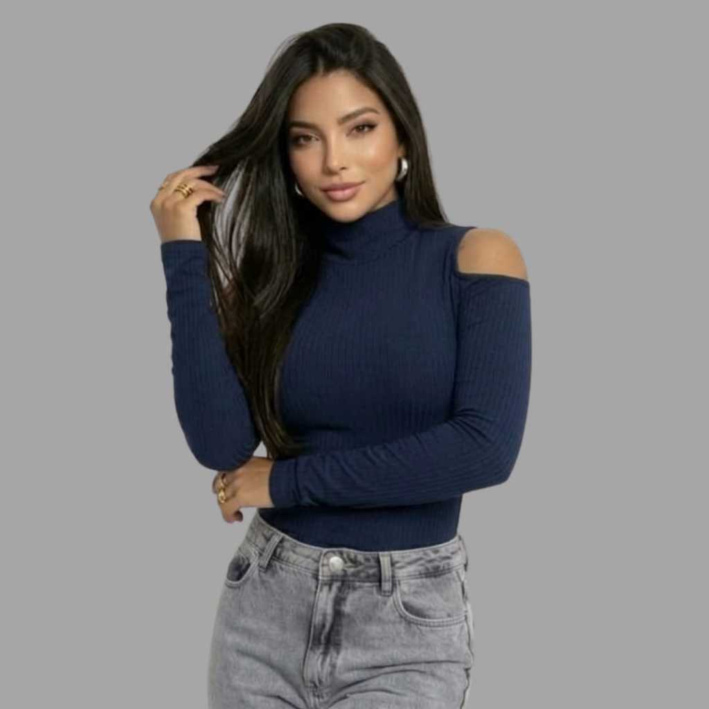 Blusa Canelada Feminina  Decote Ombro Gola Alta Blusa Manga Longa Casual Elegante Dia a Dia