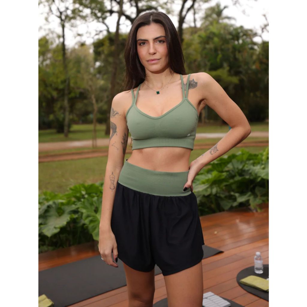 Conjunto Fitness Feminino Top Bojo Removível + Shorts Duplo Cintura Alta Academia Treino Corrida