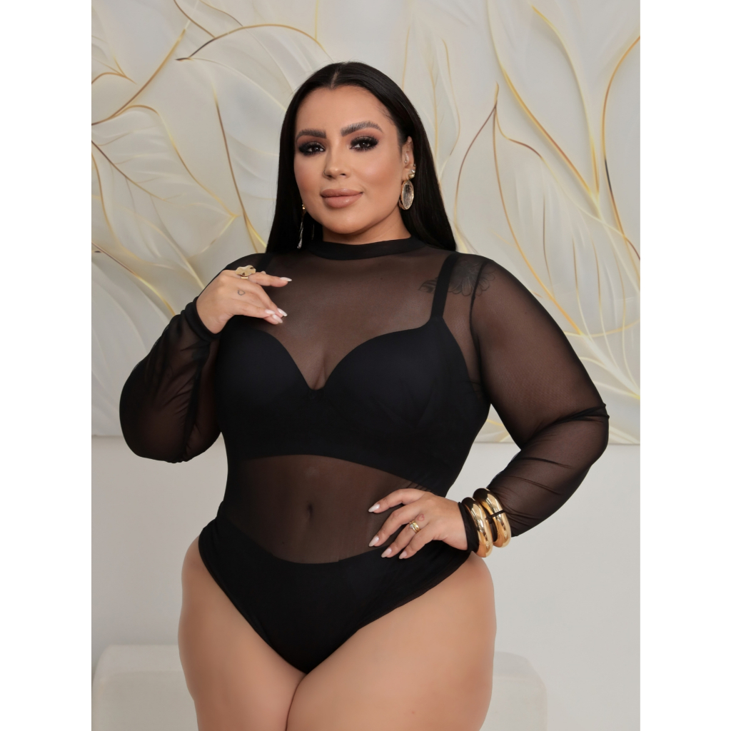 Body Feminino Plus Size Transparente Manga Longa Em Tule Com Fecho