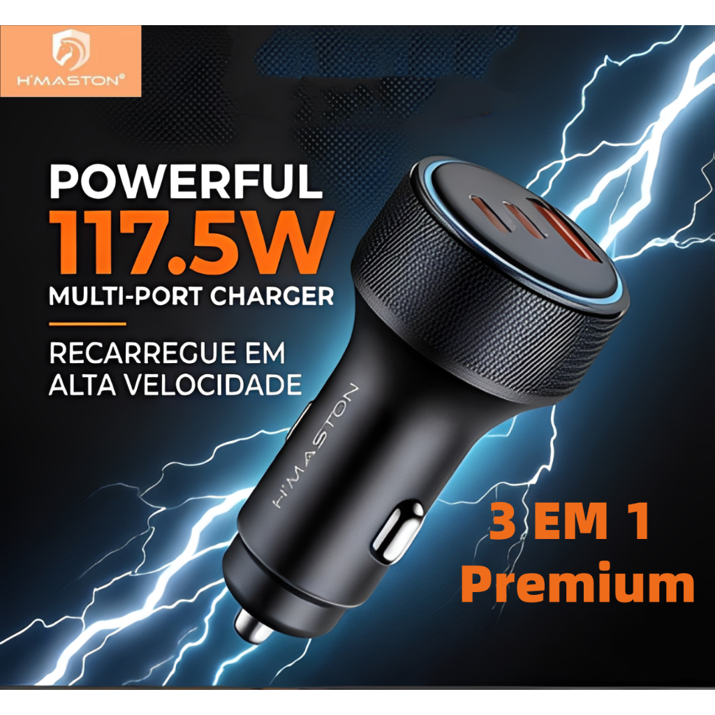 H'maston Carregador Veicular turbo 117.5W  Dupla TIPO C + USB Turbo Carregamento Universal Original