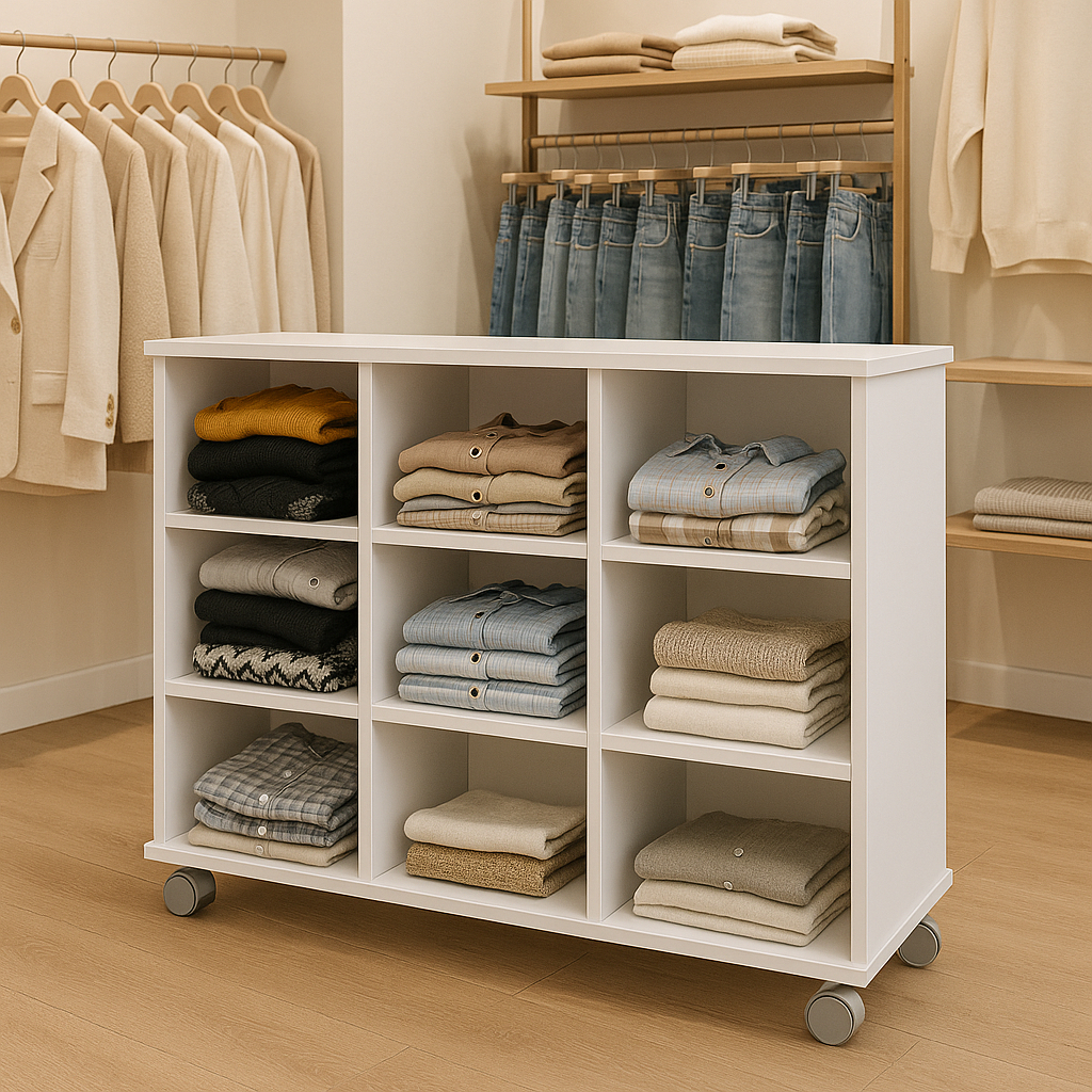 Imagem Móvel Expositor organização Closet para Loja de Roupas 9 Nichos com Rodinhas Branco Estante