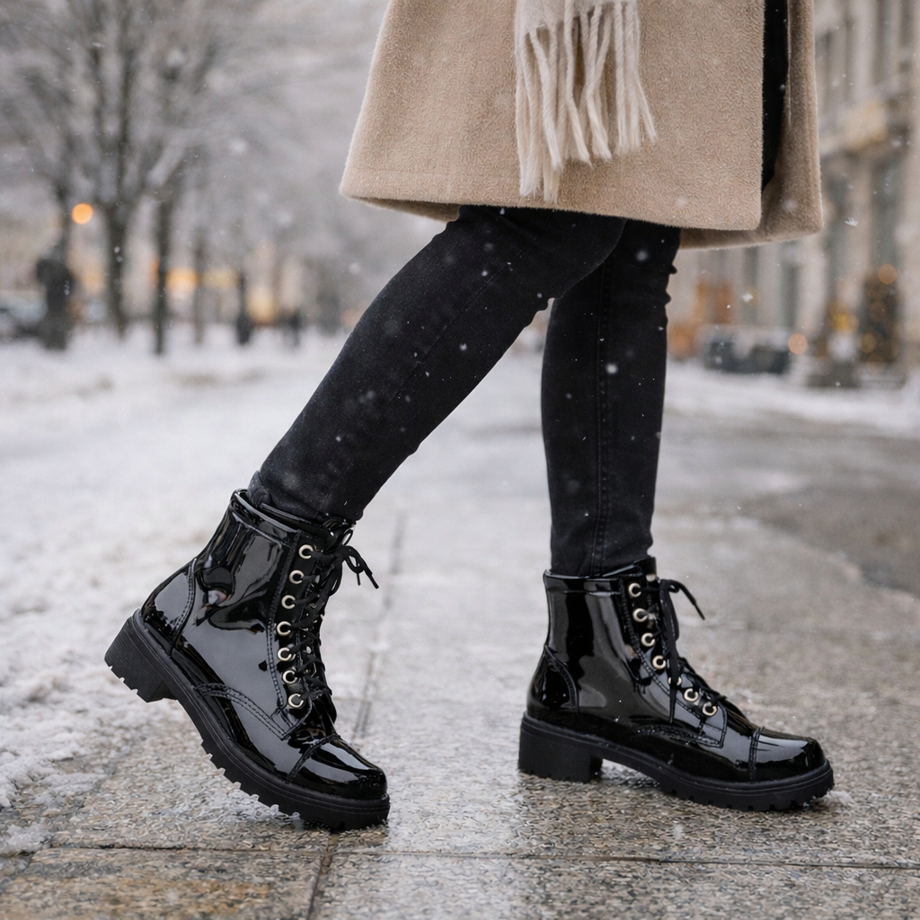 Coturno Cano Curto Salto Baixo Tratorado Preto Verniz