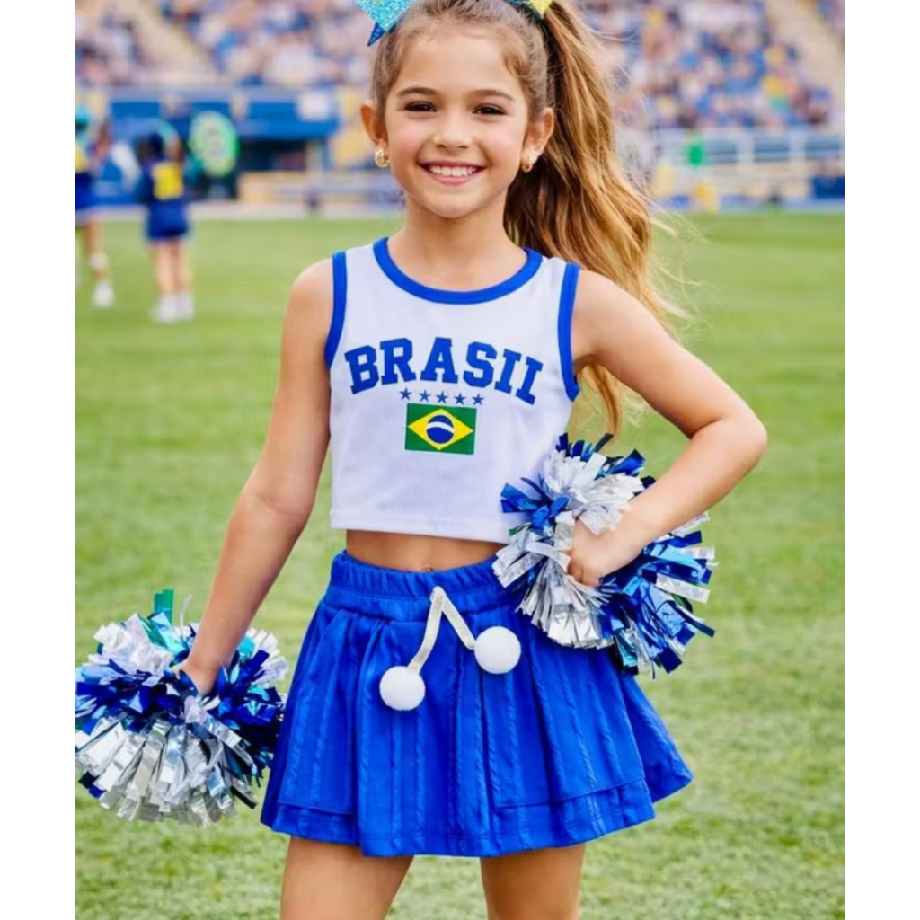 Roupa Conjunto Infantil Brasil Menina Short Saia Confortável Regata Brasil + Shorts Saia Verde/Amarela/Azul | Look Copa em Oferta na Shopee