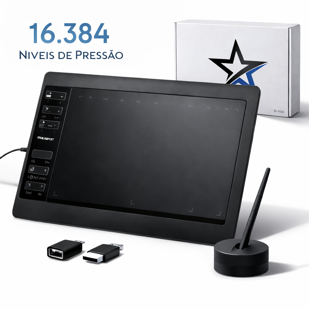 Mesa Digitalizadora 11,6” 16.384 Níveis 5080 LPI 8 Pontas Extras para Desenho Windows Mac Android
