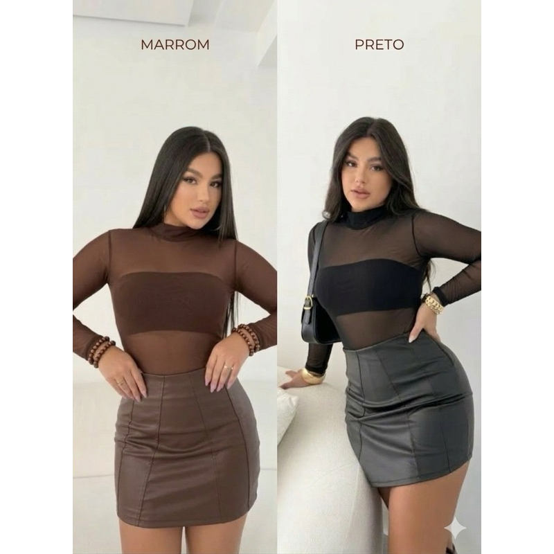 Kit 2 Body de Tule Feminino Transparente Manga Longa Tamanho Único Moda Blogueira