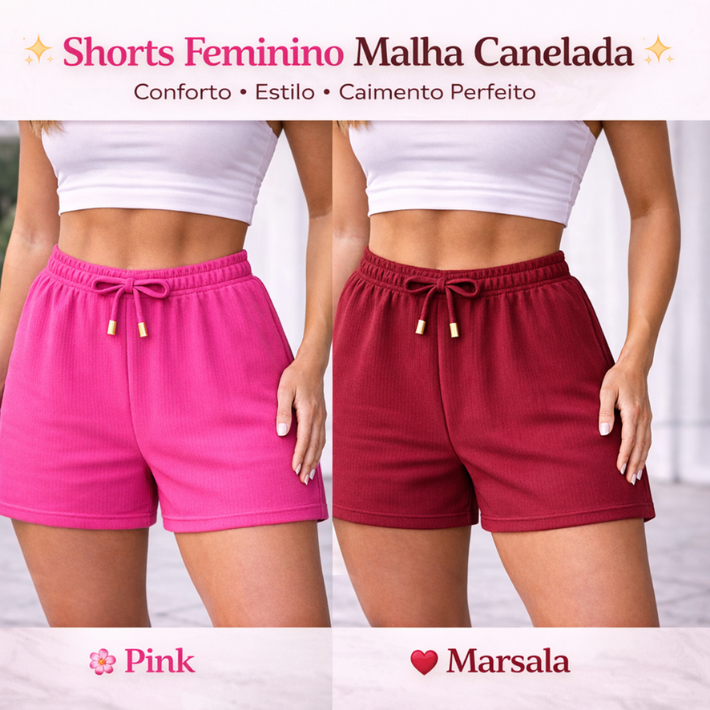 Short feminino de malha canelada, Bermudinha soltinha dia adia casual, cos de elástico confortável..