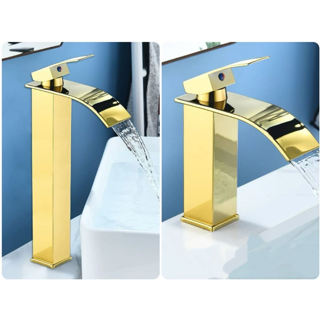 Torneira Cascata Dourada para Banheiro Misturador Quente e Fria – 18cm / 30cm