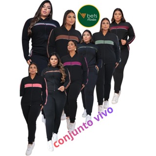 Conjunto de Malha Crepe com Zíper Frontal e Bolso na Calça – Cintura com Elástico | Tamanhos M ao G3 ✨ em Oferta na Shopee