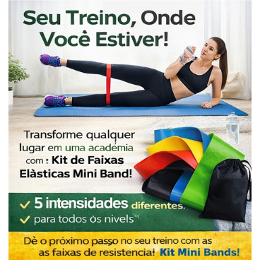 Conjunto 5 Faixas Elásticas Fortalecedores Mini Band – Treino em Casa, Glúteos, Funcional e Fisioterapia