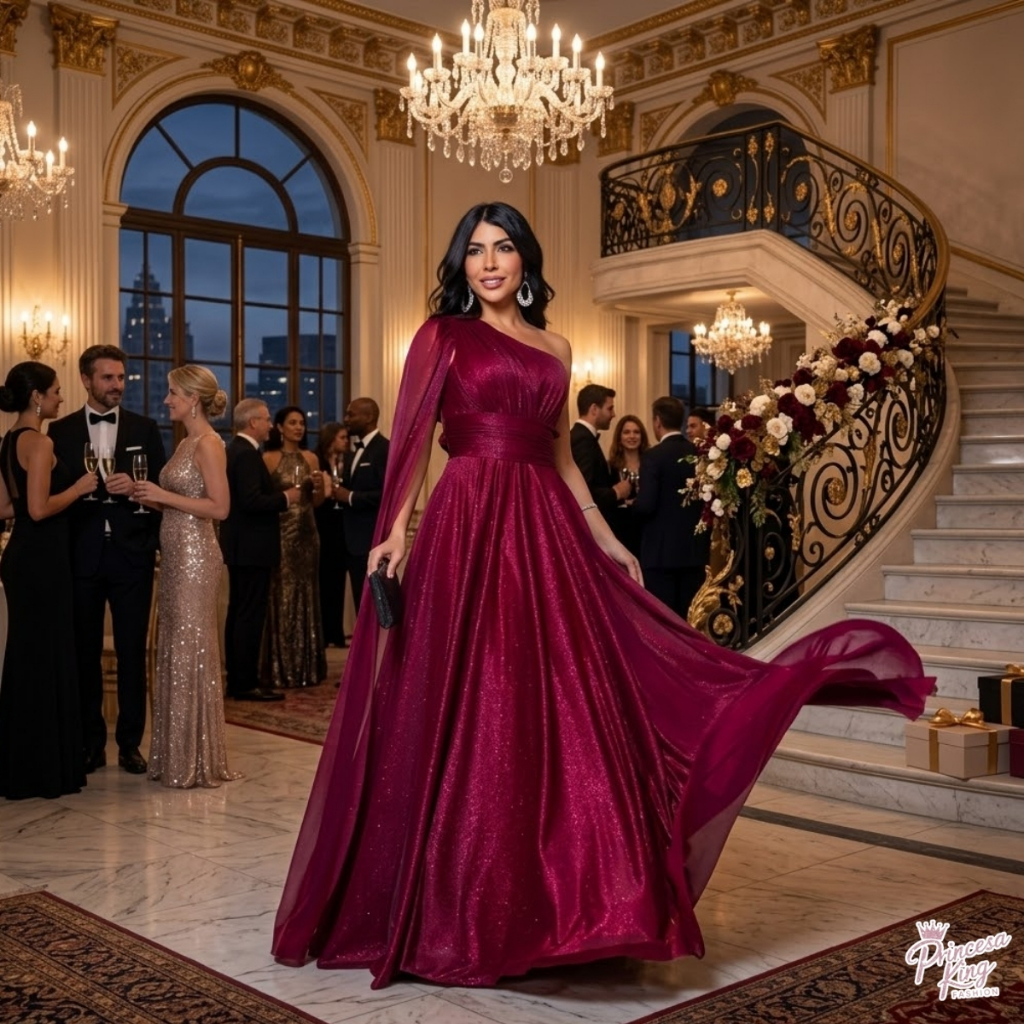 Vestido Feminino Tule Cristal Brilho Longo Bojo Um Ombro Só Manga Capa Longa Moda Baile Festa Social em Oferta na Shopee