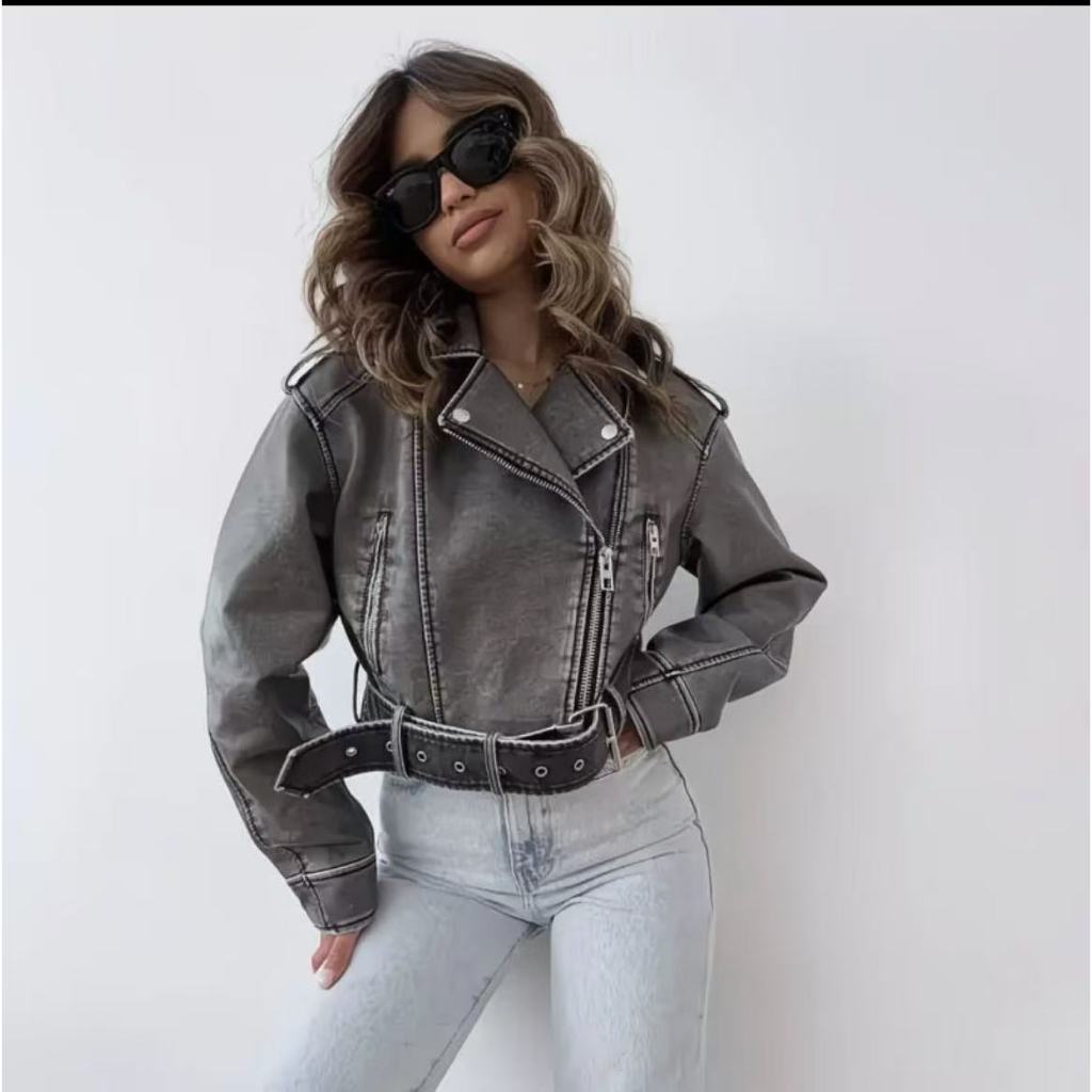 Jaqueta de Couro Vintage Cinza - Estilo Moto Curta com Zíper e Cinto em Oferta na Shopee