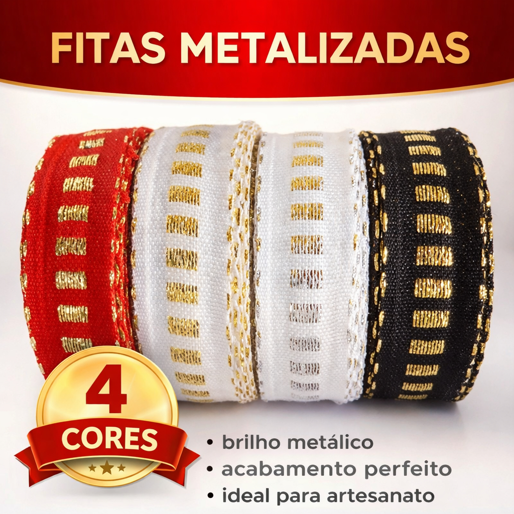 Kit Passa Fita Falso 4 Cores Metalizadas 10 Metros cada Rolo Galão 100% Poliester em Oferta na Shopee