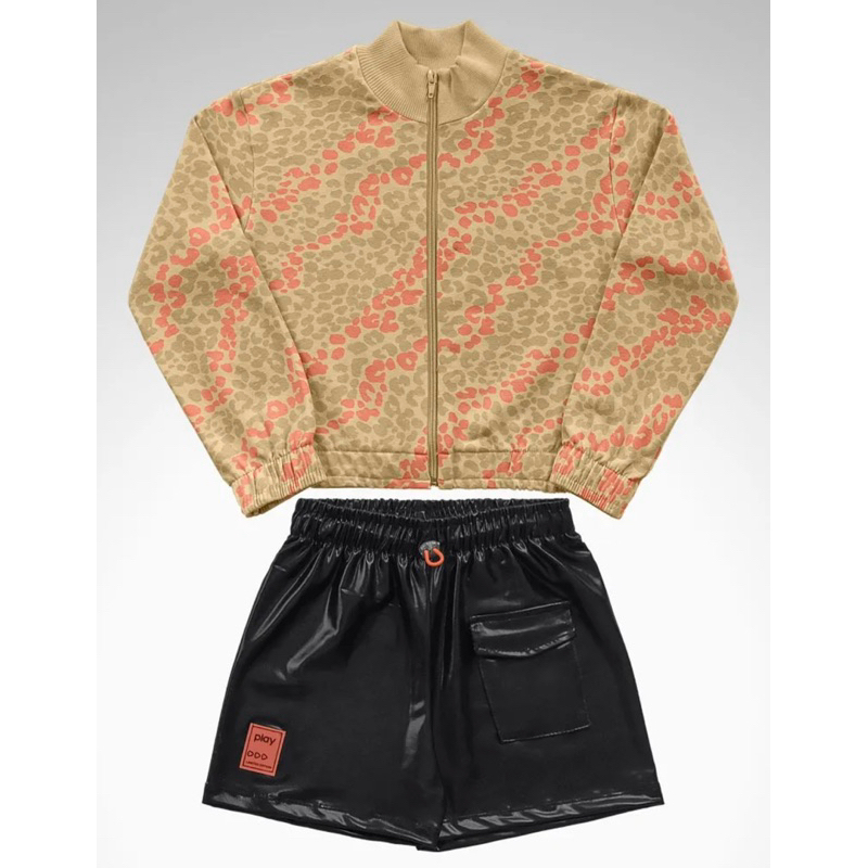 Conjunto Infantil Feminino Inverno Jaqueta Estampada + Short Preto Tamanho 4 Anos