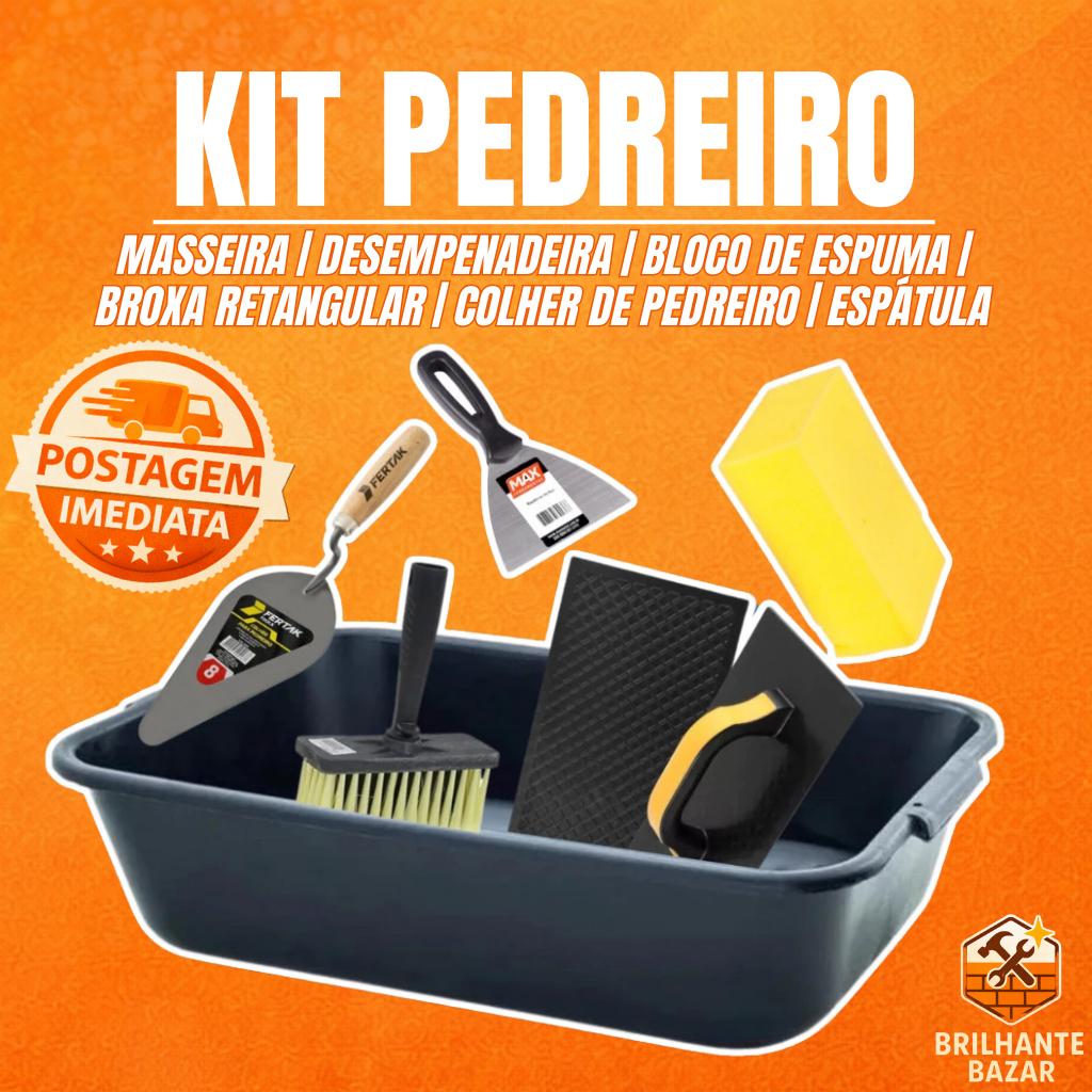 Caixa de Massa 22L + Colher de Pedreiro + Broxa Rentagular + Desempenadeira + Espatula + Espuma