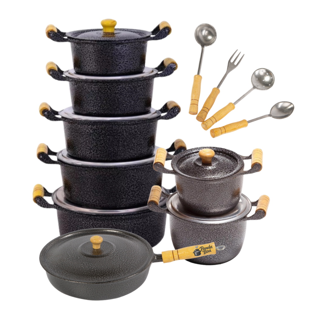Kit de Panelas Alumínio Fundido Batido com 12 Peças Caçarolas, Caldeirão, Frigideira e 4 talheres