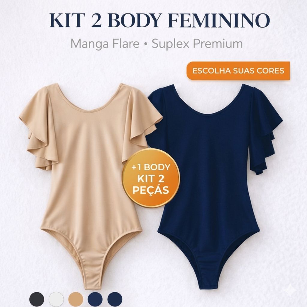 Kit 2 Body Feminino Suplex Manga Flare Curta Blusa Maiô Feminina Decote nas Costas Tamanho Único 36 ao 42