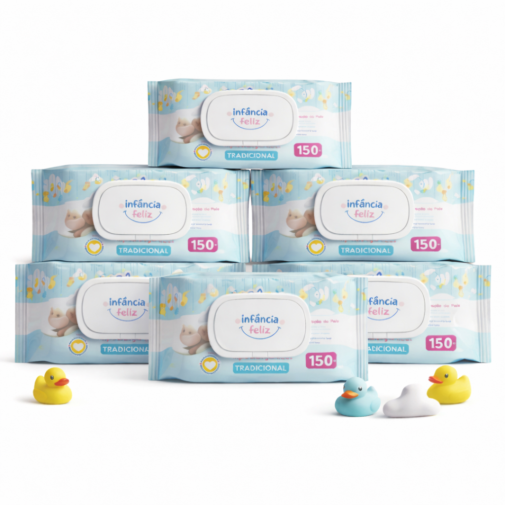 Kit 06 Pacotes Toalhas Umedecidas Infância Feliz 150 folhas Produto 100% Vegano 98% Água