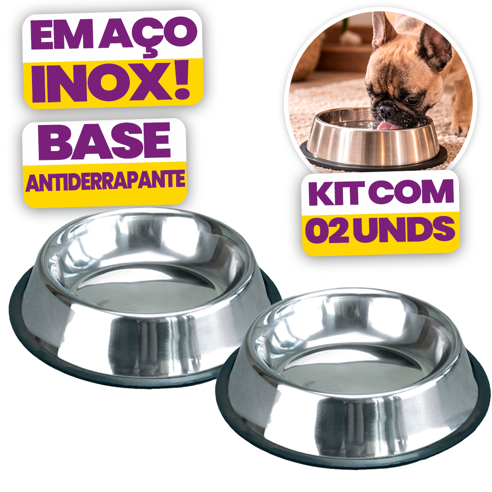 Kit Comedouro Bebedouro Pet Inox Antiderrapante para Cachorro e Gato Tigela para Ração e Água 200ml