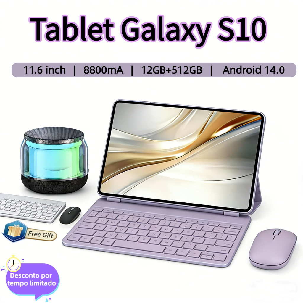 Tablet Galaxy S10 12 Gb + 512 Gb 11,6 Polegadas HD Dual Sim Dual Core 8800 mAh Android Teclado, Mouse e Alto-falante