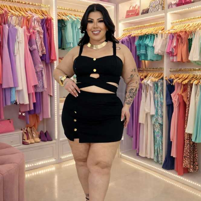 Conjunto Feminino Plus Size  Top, Cropped, Anarruga, Short-Saia cintura alta Botões Dourados