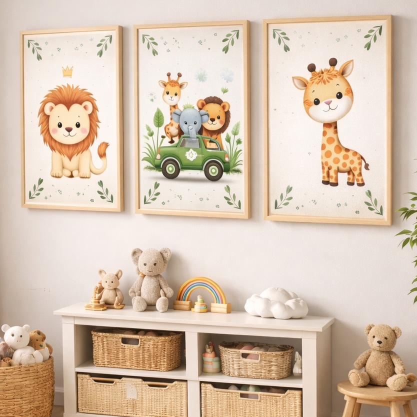 Kit 3 Quadros Decorativos Safari Aquarela Infantil Mosaico Sala Quarto Escritório