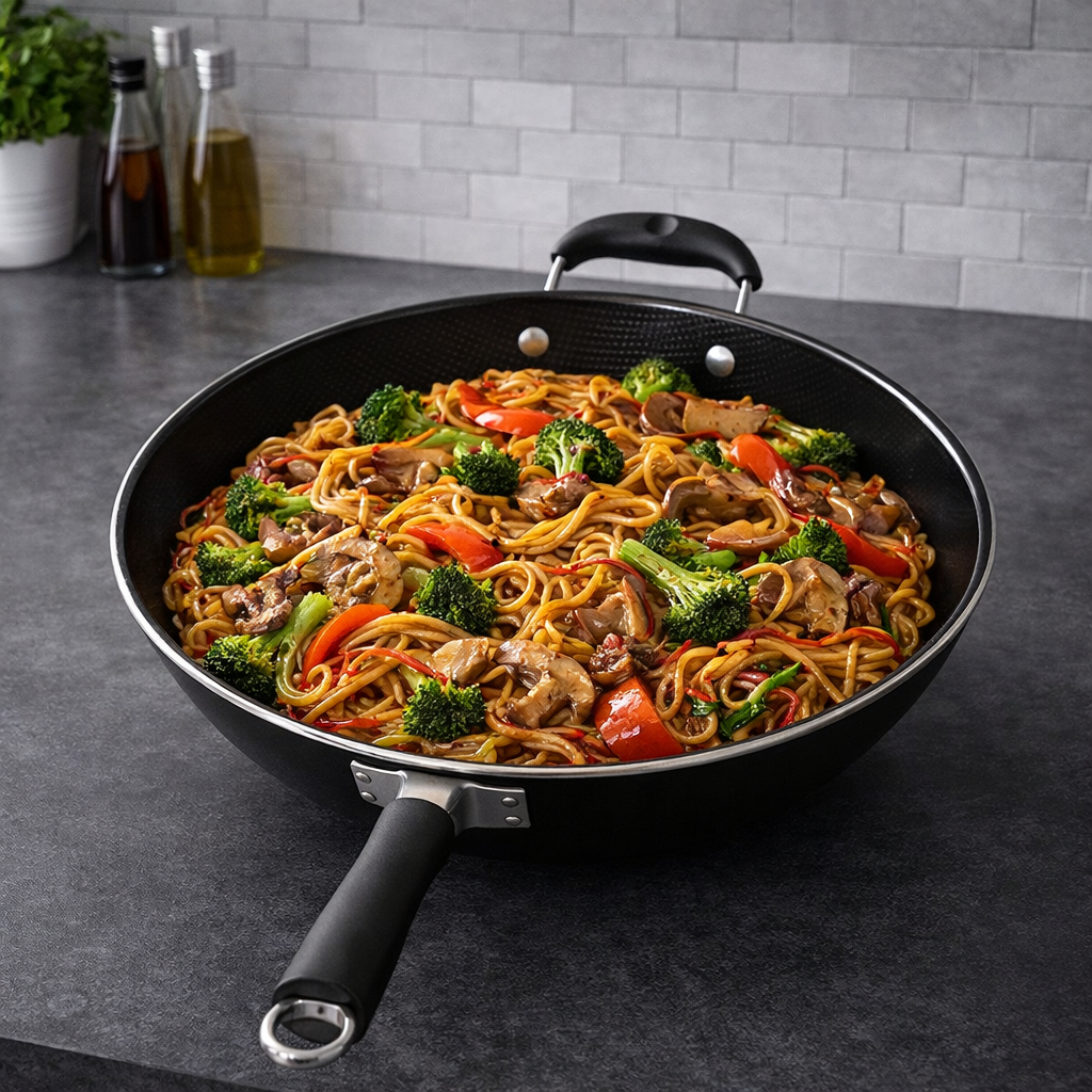 Imagem Frigideira Wok Profissional 34cm Antiaderente  Grande Família Yakisoba legumes Refogado com cabo e Alça Auxiliar