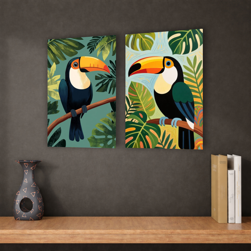 Kit 2 Quadros Decorativos Tucano Selva Verde Pássaro Animal Para Sala Quarto Petshop
