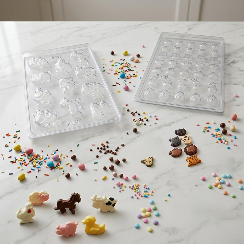Kit 2 Formas para Chocolate BWB Simples S/ Silicone Animais Da Fazenda e Aplique Animais