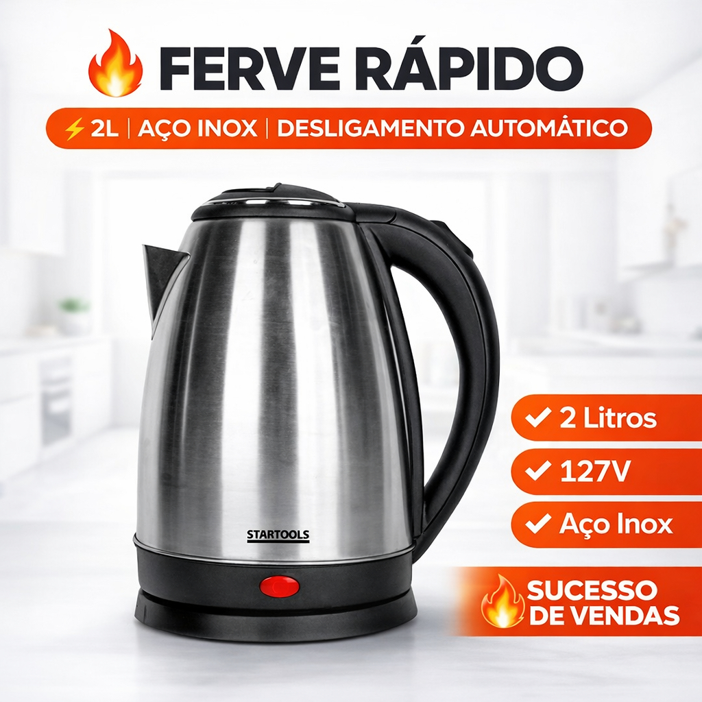 Chaleira Elétrica Inox 2 Litros 127V Ferve Rápido Desligamento Automático 2L
