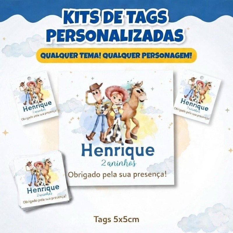Kit 10 Tags Personalizadas Toy Story - Woody | Tag Lembrancinha Aniversário Infantil | Nome e Idade | Qualquer Tema